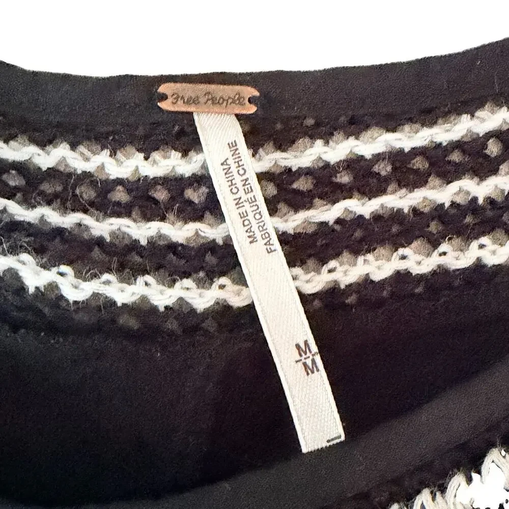 Free People Soul Mate Knit Crochet Black Long Sleeve Top Flare Cuff Size Medium